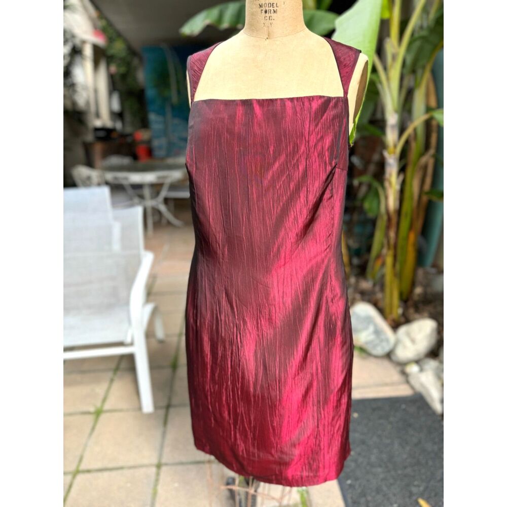 VTG Carole Little 1990s Acetate Metallic Ruby Red Mini Dress Size 8 Made In USA